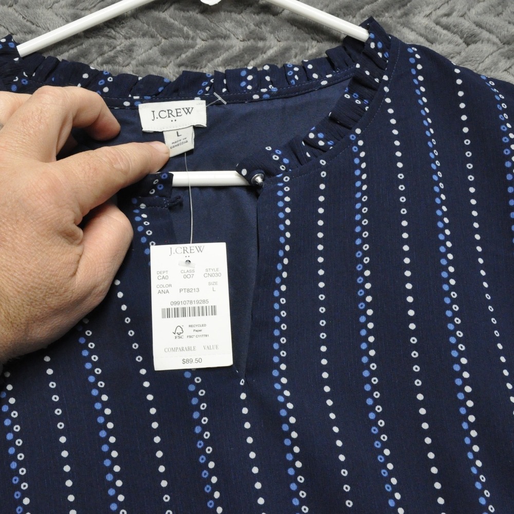 J.Crew Split Neck Blouse L Navy Blue New Dotted Stripe Ruffle Puff Sleeve (1829) - Picture 4 of 10